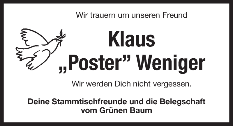  Traueranzeige für Klaus Weniger vom 11.11.2014 aus Pegnitz-Zeitung